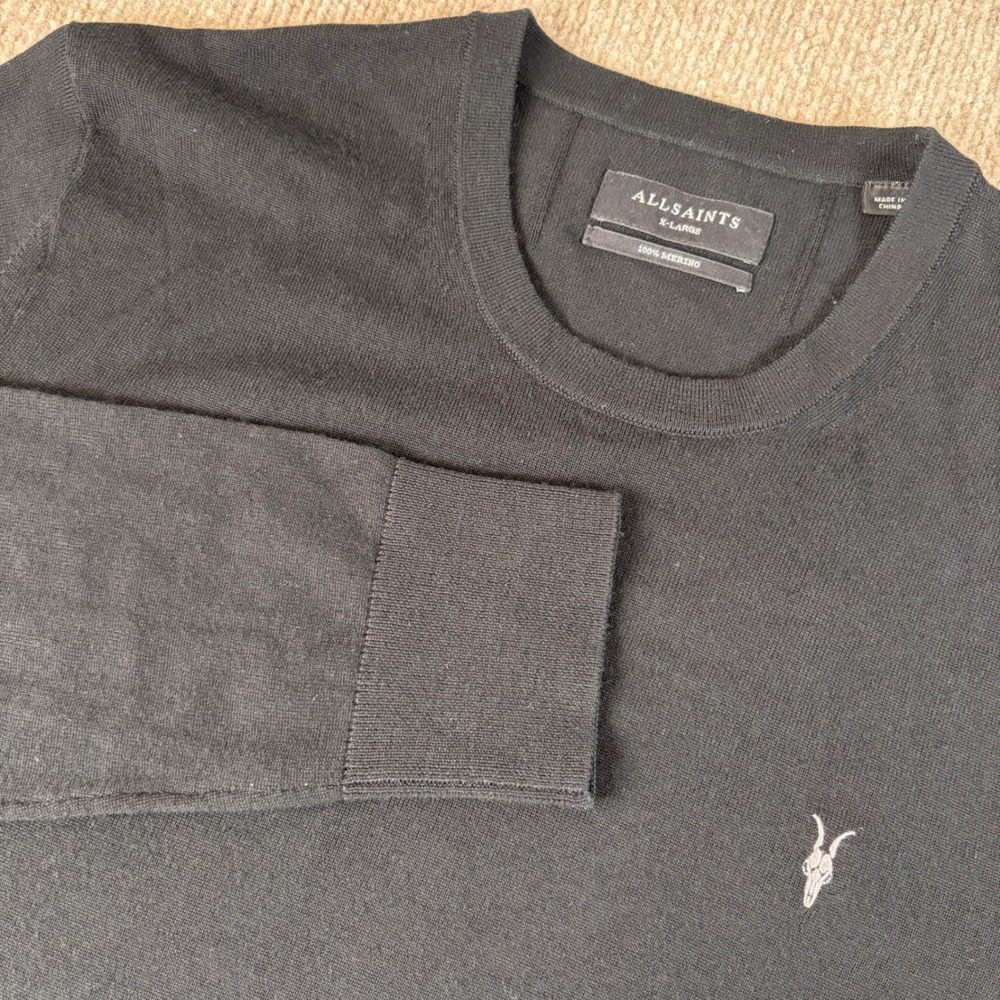 AllSaints Black 100% Merino Wool Lightweight Sweater Men's Size XL EUC